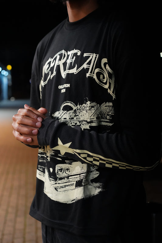 DOUBLE LAYER VINTAGE CAR LONG SLEEVE T - BLACK/CREAM