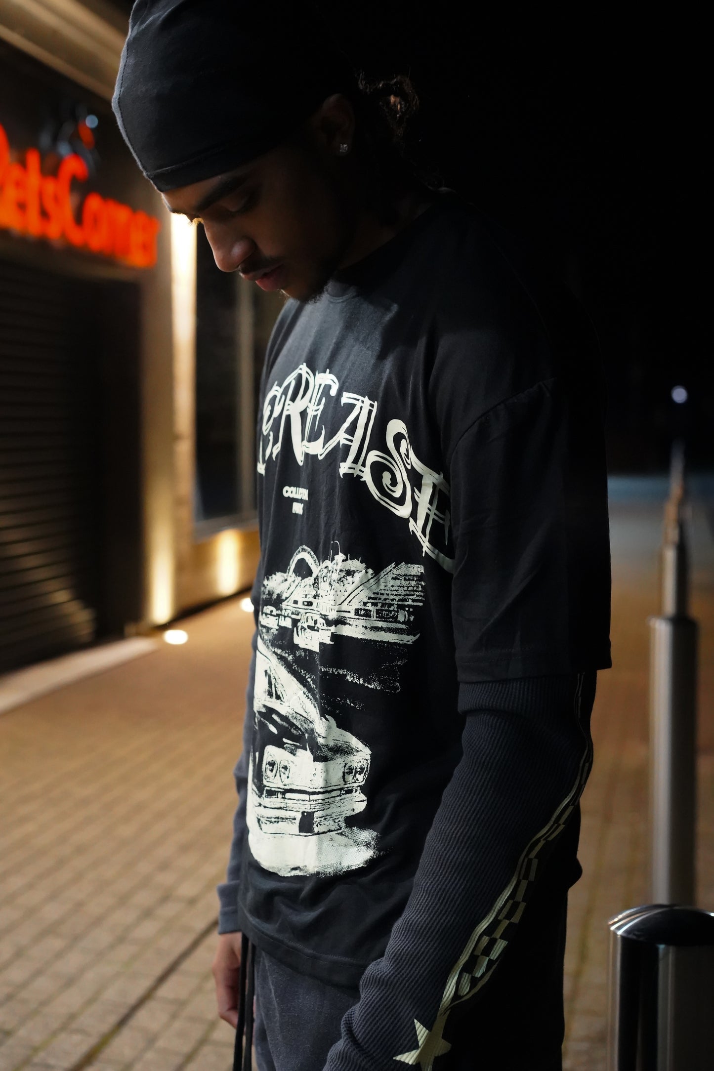 DOUBLE LAYER VINTAGE CAR LONG SLEEVE T - BLACK/CREAM