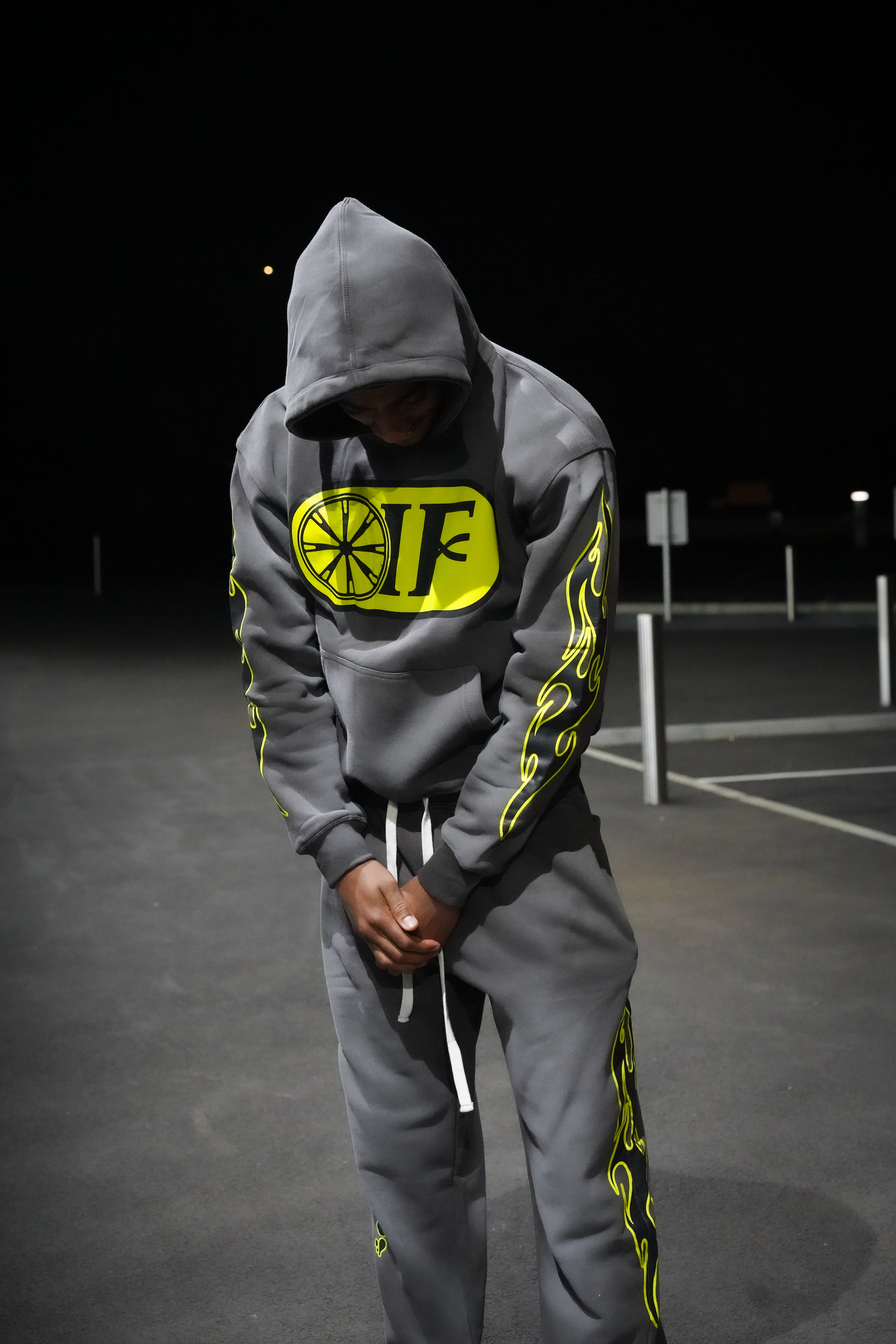 FLAMES OUT HOODIE FADED GREY NEON GREEN INCREASE